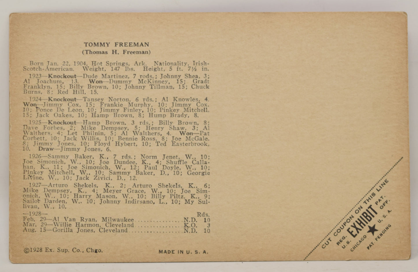 Tommy Freeman Boxing Exhibit Card Postcard Penny Arcade Red Photo 1928 5 x 3