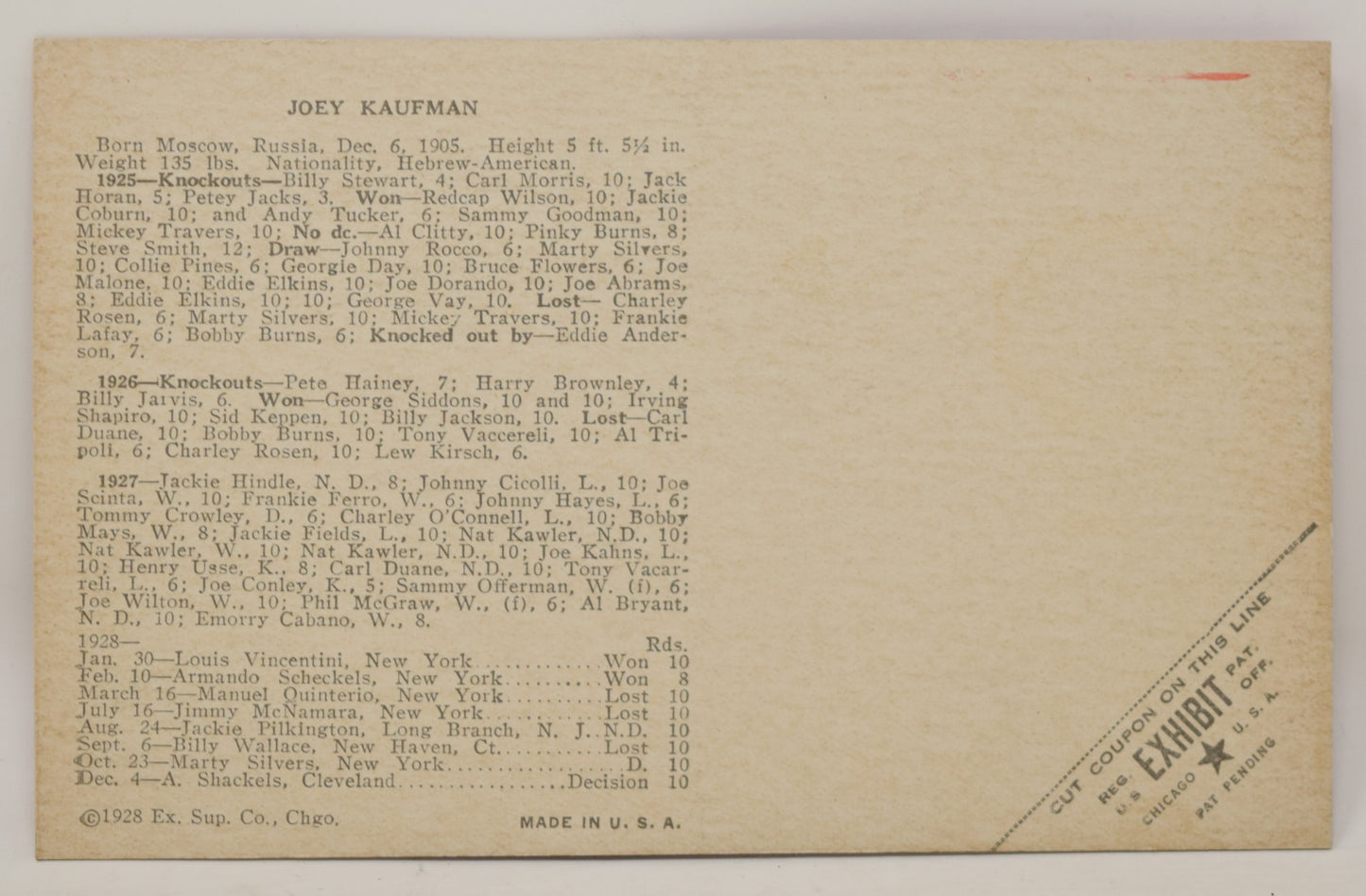 Joey Kaufman Boxing Exhibit Card Postcard Penny Arcade Red Photo 1928 5 x 3