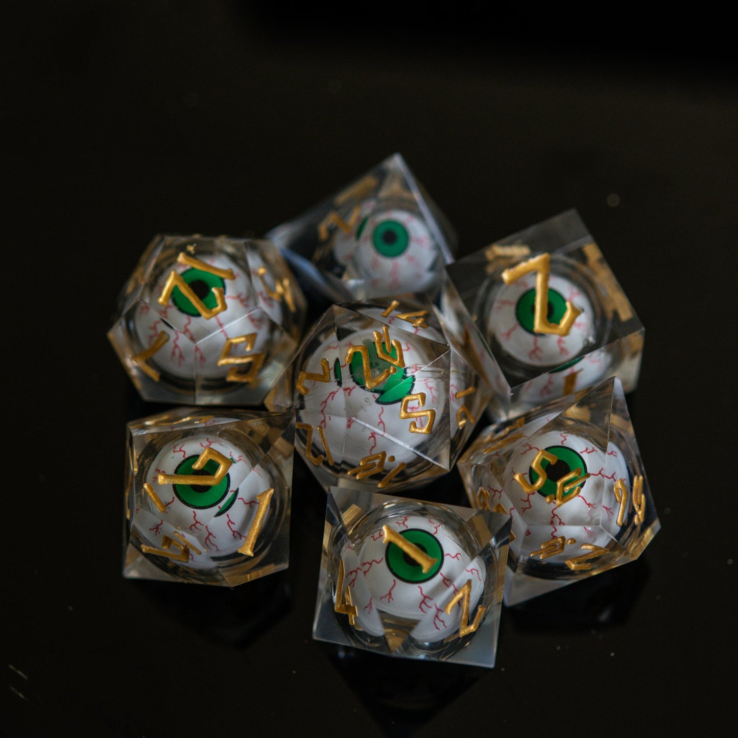 The Watcher: Green-Eyed Liquid Core Dice Set