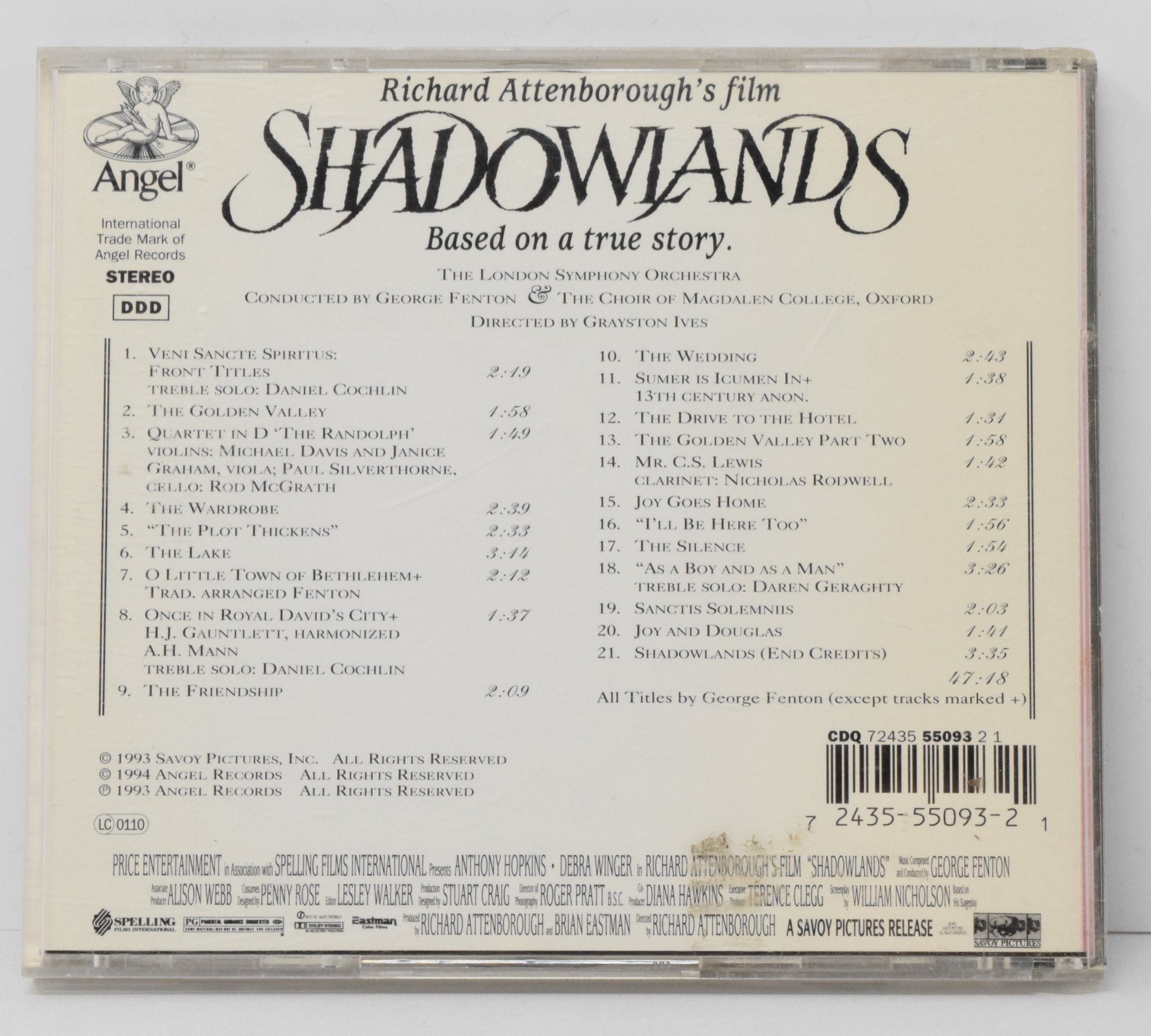 Shadowlands Soundtrack CD George Fenton Richard Attenborough Angel - Golden Apple Comics