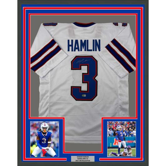 Framed Autographed/Signed Damar Hamlin 35x39 Buffalo White Football Jersey Beckett BAS COA