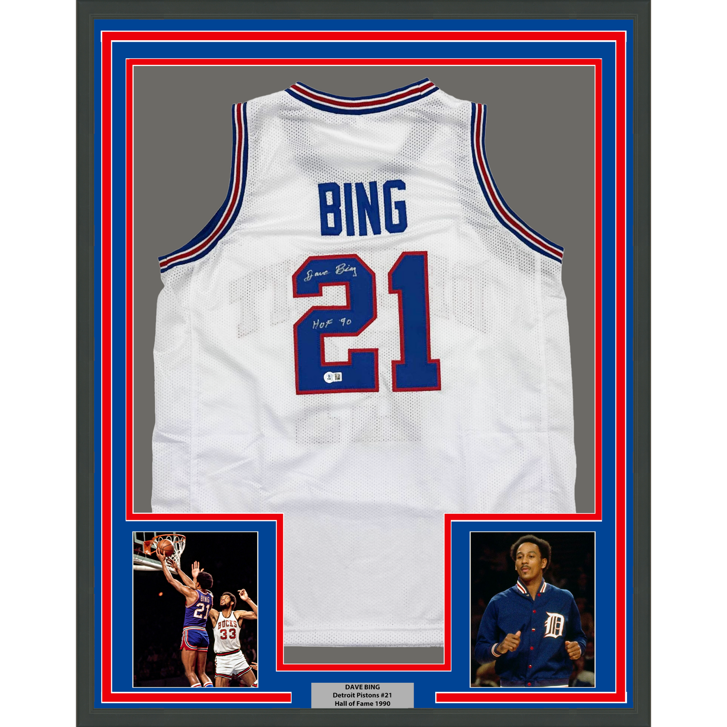 Framed Autographed/Signed Dave Bing HOF 90 35x39 Detroit White Basketball Jersey Beckett BAS COA