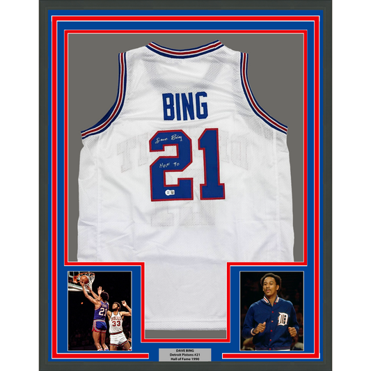 Framed Autographed/Signed Dave Bing HOF 90 35x39 Detroit White Basketball Jersey Beckett BAS COA