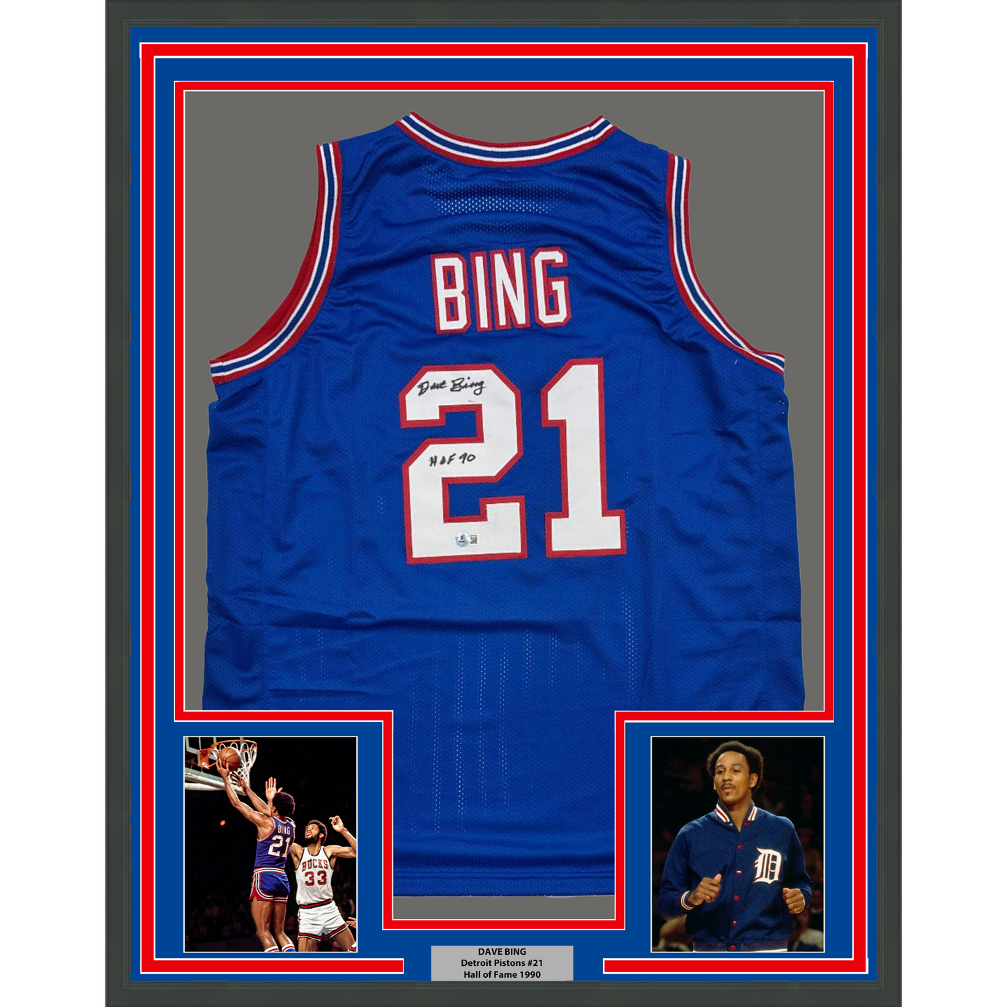 Framed Autographed/Signed Dave Bing 35x39 HOF 90 Detroit Blue Basketball Jersey Beckett BAS COA
