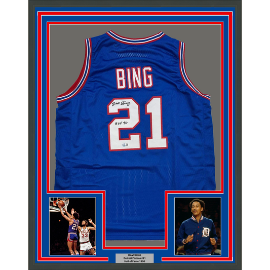 Framed Autographed/Signed Dave Bing 35x39 HOF 90 Detroit Blue Basketball Jersey Beckett BAS COA