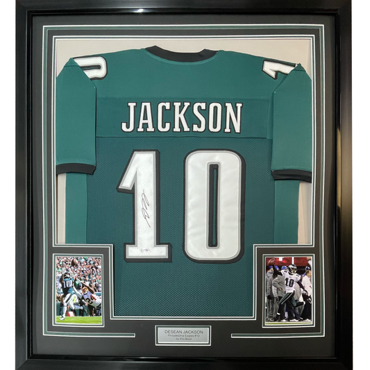 Framed Autographed/Signed DeSean Jackson 35x39 Philadelphia Green Football Jersey PSA/DNA COA