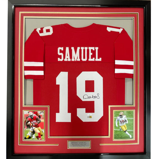 Framed Autographed/Signed Deebo Samuel 35x39 San Francisco Red Football Jersey JSA COA