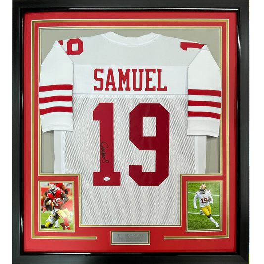 Framed Autographed/Signed Deebo Samuel 35x39 San Francisco White Football Jersey JSA COA
