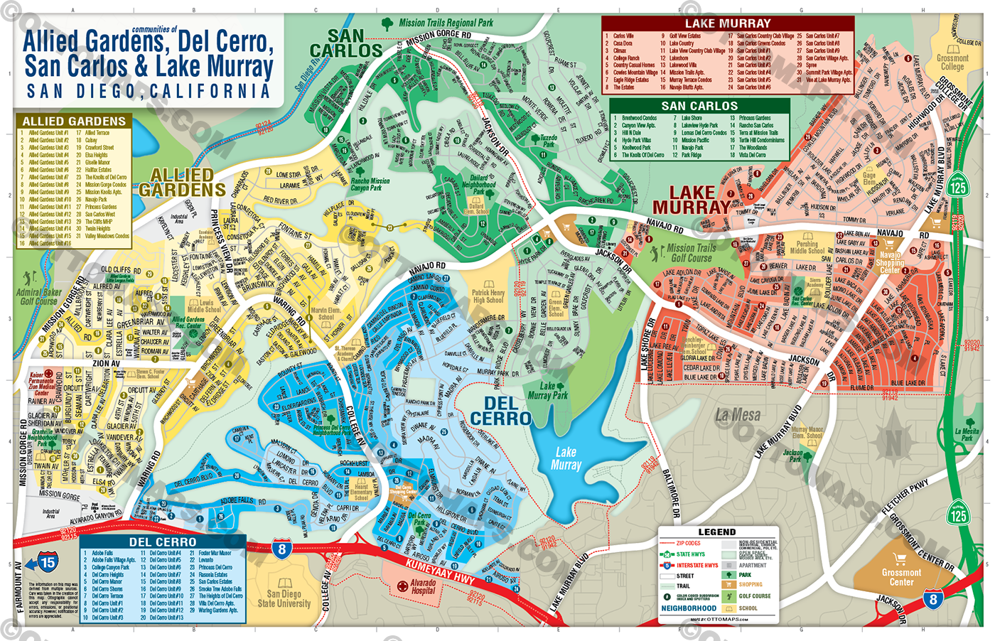 Allied Gardens, Del Cerro, San Carlos & Lake Murray Map, San Diego County, CA - POSTER PRINTS