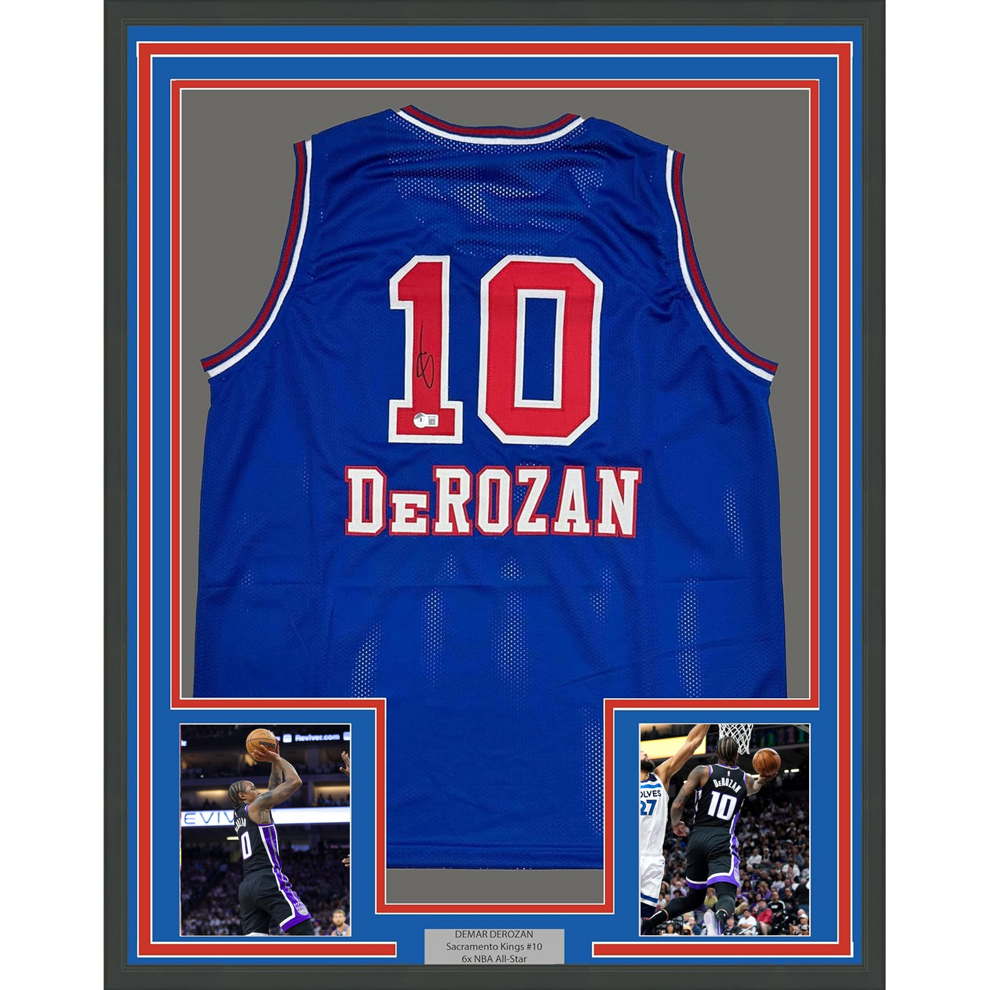 Framed Autographed/Signed DeMar DeRozan 35x39 Sacramento Blue Kansas City Retro Basketball Jersey Beckett BAS COA