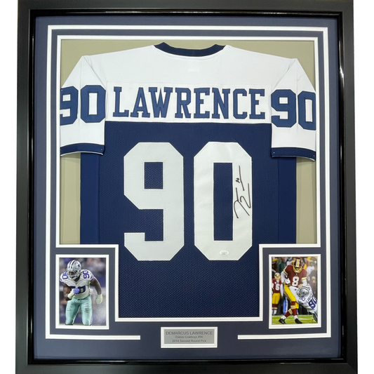 Framed Autographed/Signed Demarcus Lawrence 35x39 Dallas Thanksgiving Day Football Jersey JSA COA