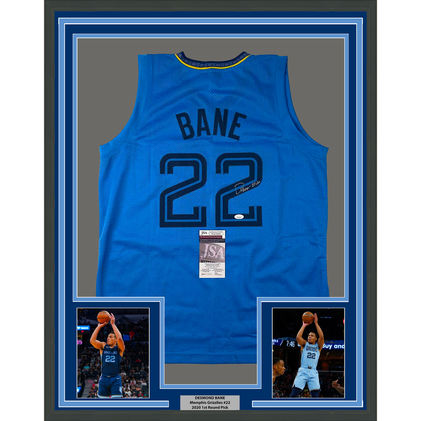 Framed Autographed/Signed Desmond Bane 35x39 Memphis Light Blue Basketball Jersey JSA COA