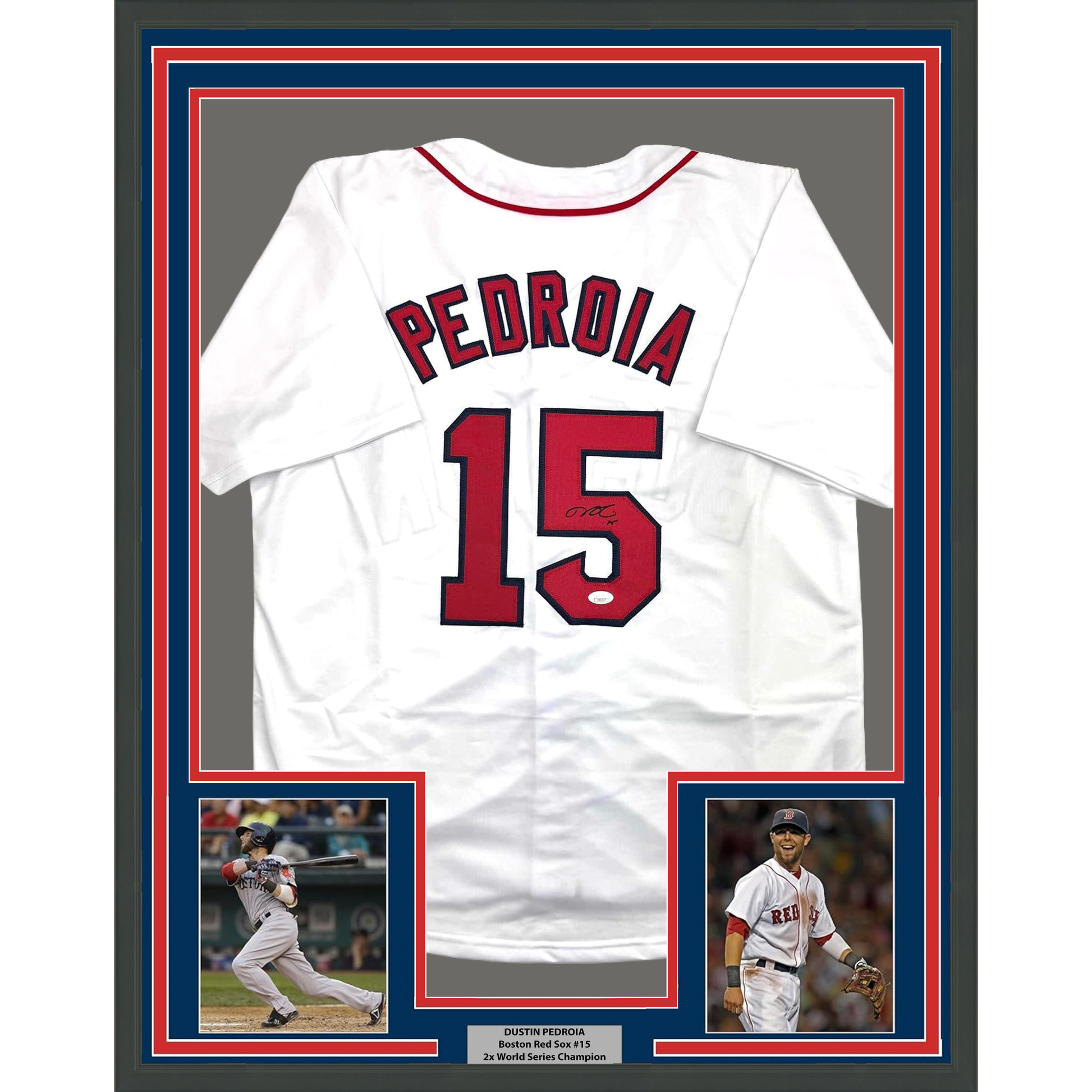 Framed Autographed/Signed Dustin Pedroia 35x39 Boston White Baseball Jersey JSA COA - Golden Apple Comics