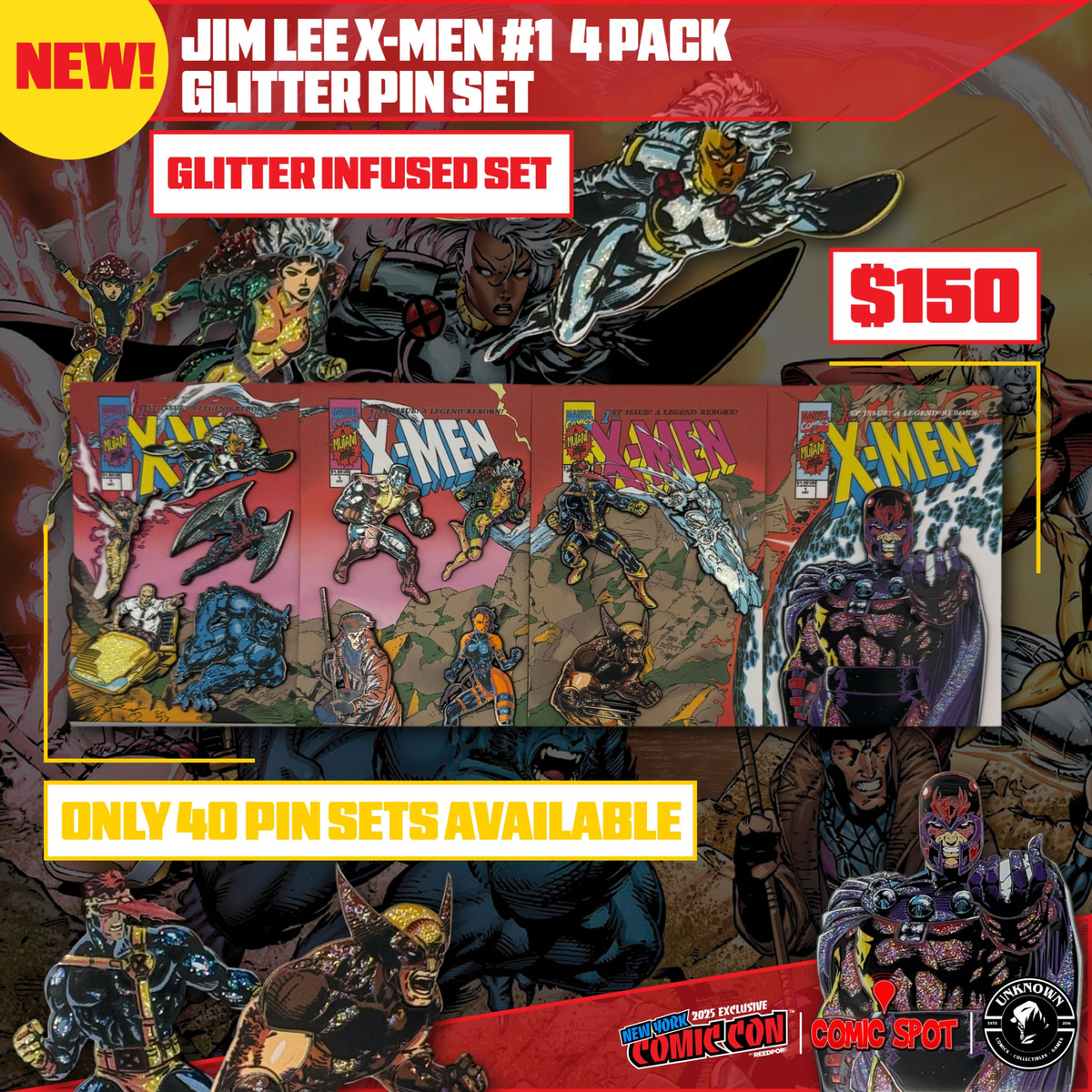 Jim Lee X-Men #1 4 Pack Exclusive Enamel GLITTER ✨ NYCC EXCLUSIVE Pin Set Only 250 Made (10/22/2025) - Golden Apple Comics