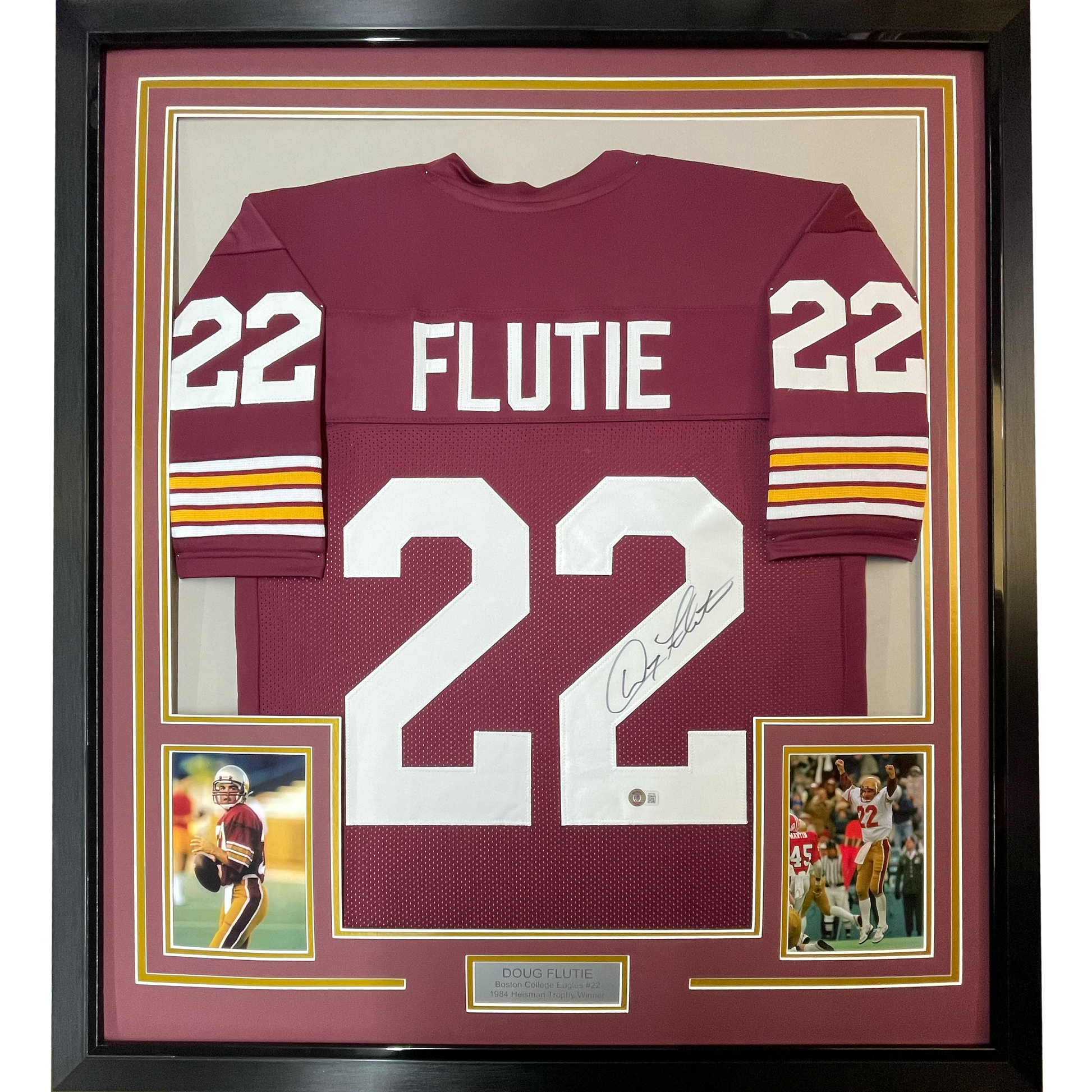 Framed Autographed/Signed Doug Flutie 35x39 Boston College Maroon Football Jersey Beckett BAS COA - Golden Apple Comics