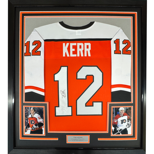Framed Autographed/Signed Tim Kerr 35x39 Philadelphia Orange Hockey Jersey JSA COA - Golden Apple Comics