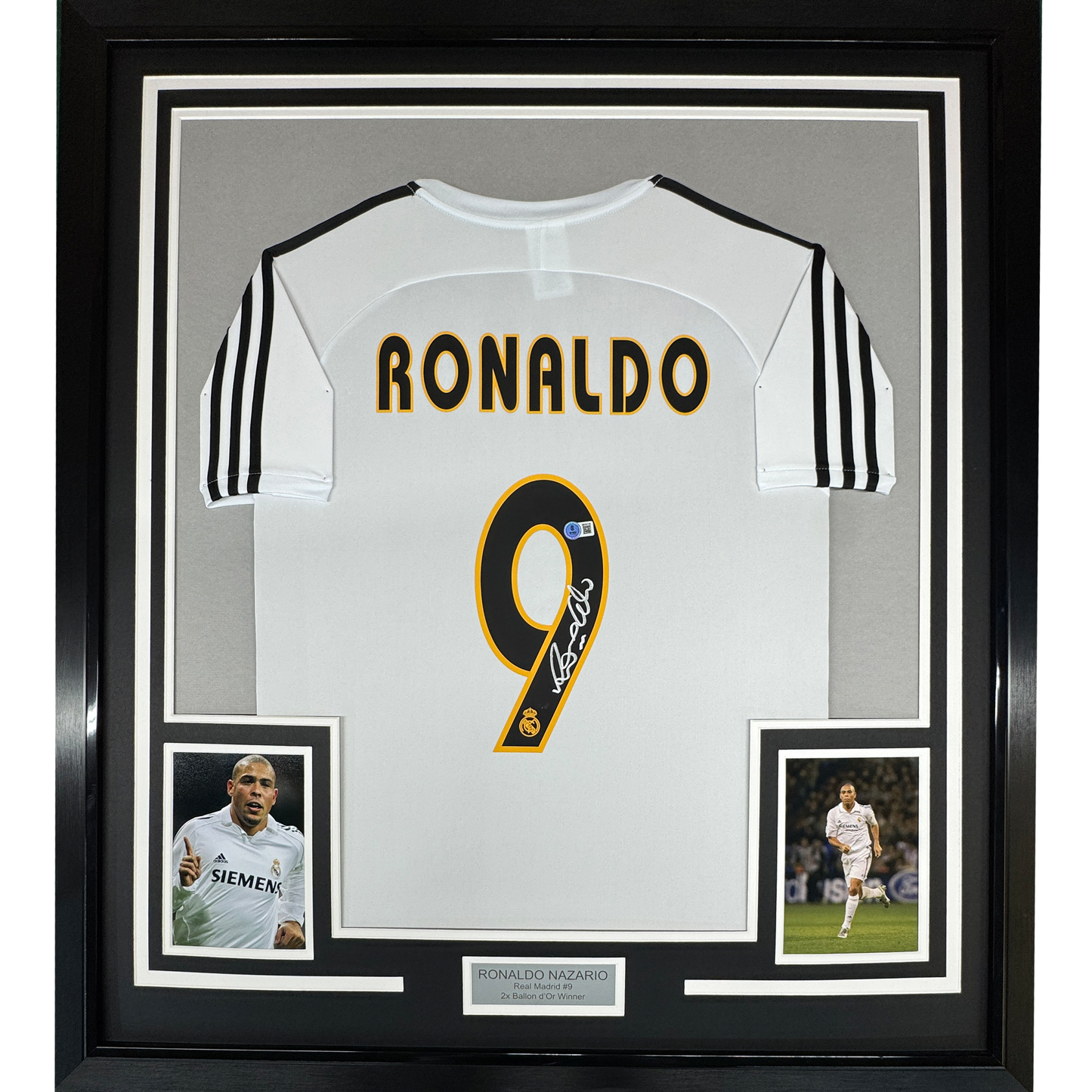 Framed Autographed/Signed Ronaldo Nazario 35x39 Real Madrid White Soccer Jersey Beckett BAS COA - Golden Apple Comics