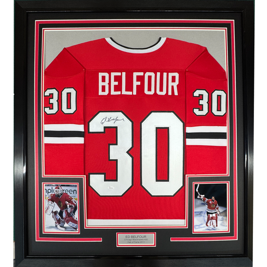 Framed Autographed/Signed Ed Belfour 35x39 Chicago Red Hockey Jersey JSA COA - Golden Apple Comics
