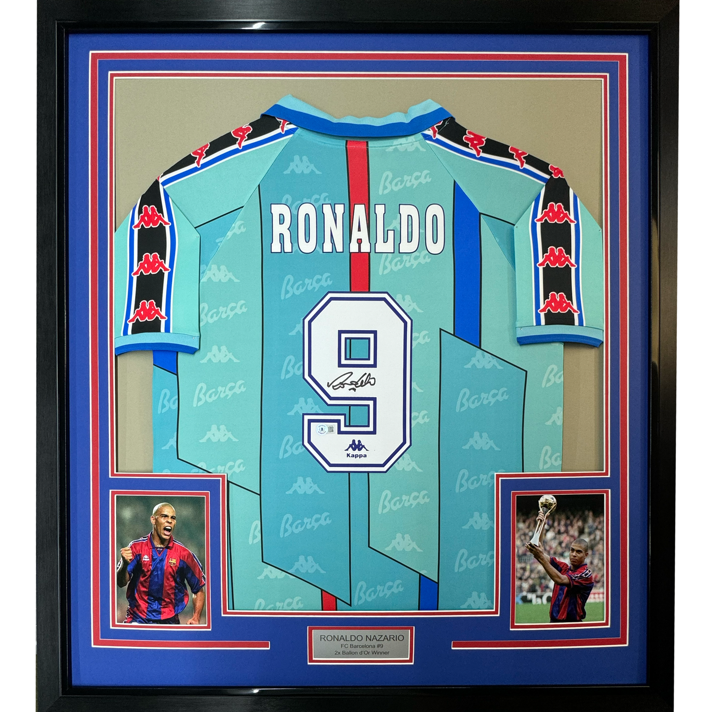 Framed Autographed/Signed Ronaldo Nazario 35x39 FC Barcelona 1996-97 Teal Soccer Jersey Beckett BAS COA
