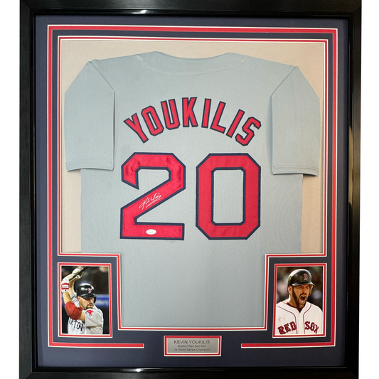 Framed Autographed/Signed Kevin Youkilis 35x39 Boston Grey Baseball Jersey JSA COA