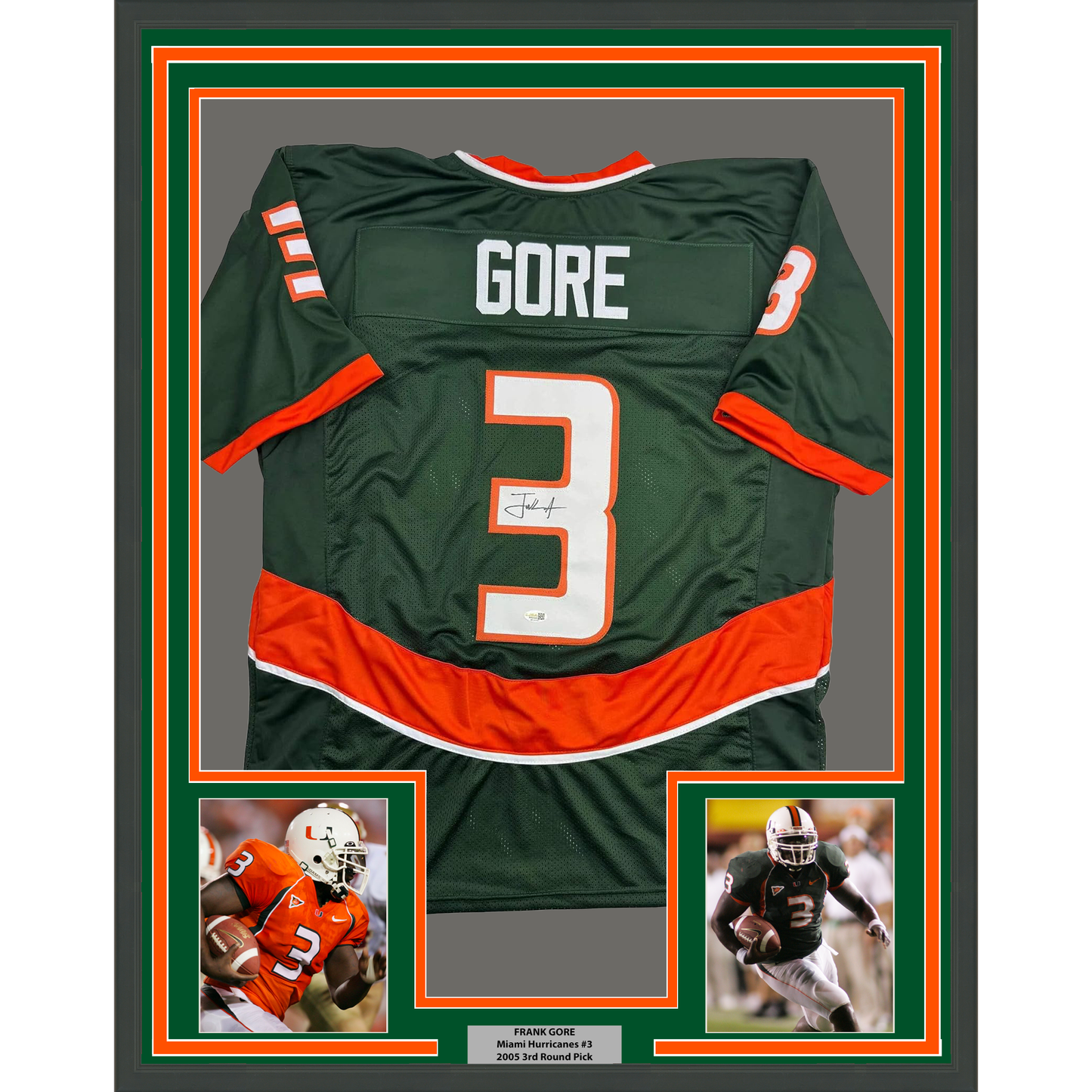 Framed Autographed/Signed Frank Gore 35x39 Miami Green Football Jersey JSA COA - Golden Apple Comics