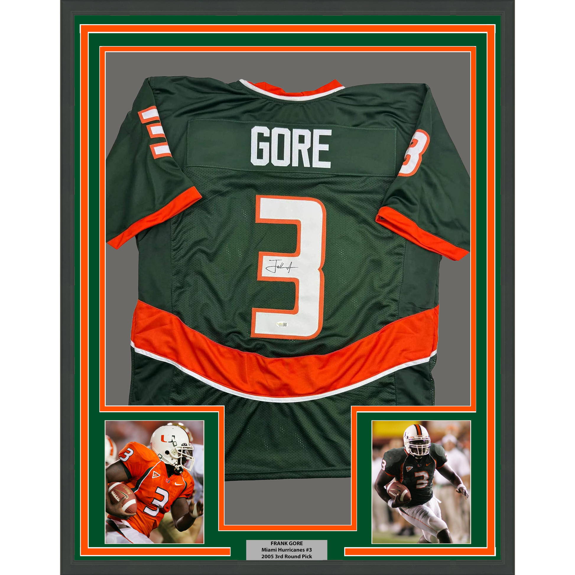 Framed Autographed/Signed Frank Gore 35x39 Miami Green Football Jersey JSA COA - Golden Apple Comics