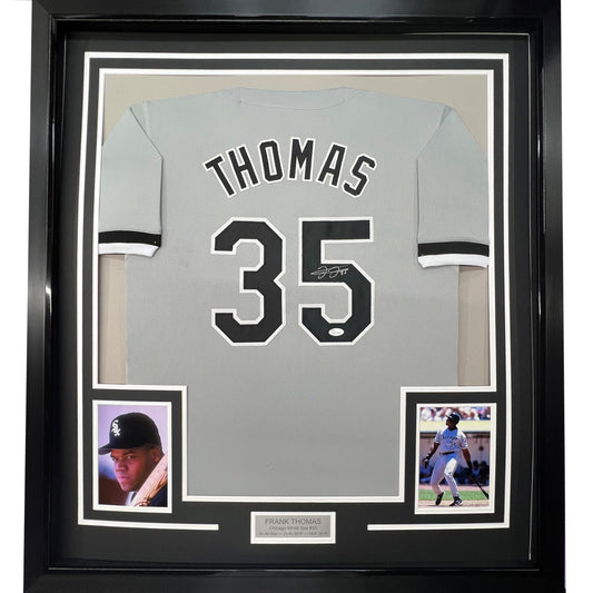 Framed Autographed/Signed Frank Thomas 35x39 Chicago Grey Baseball Jersey JSA COA