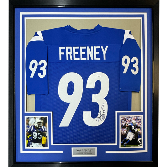 Framed Autographed/Signed Dwight Freeney 35x39 Indianapolis Blue Football Jersey JSA COA