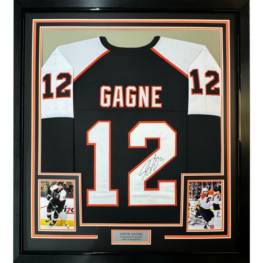 Framed Autographed/Signed Simon Gagne 35x39 Philadelphia Black Hockey Jersey JSA COA - Golden Apple Comics