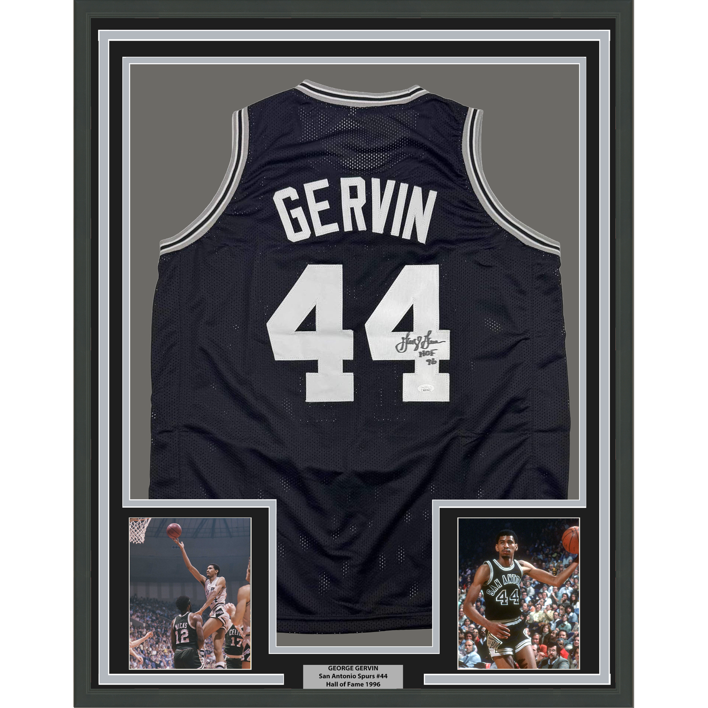 Framed Autographed/Signed George Gervin 35x39 San Antonio Black Basketball Jersey Beckett BAS COA - Golden Apple Comics