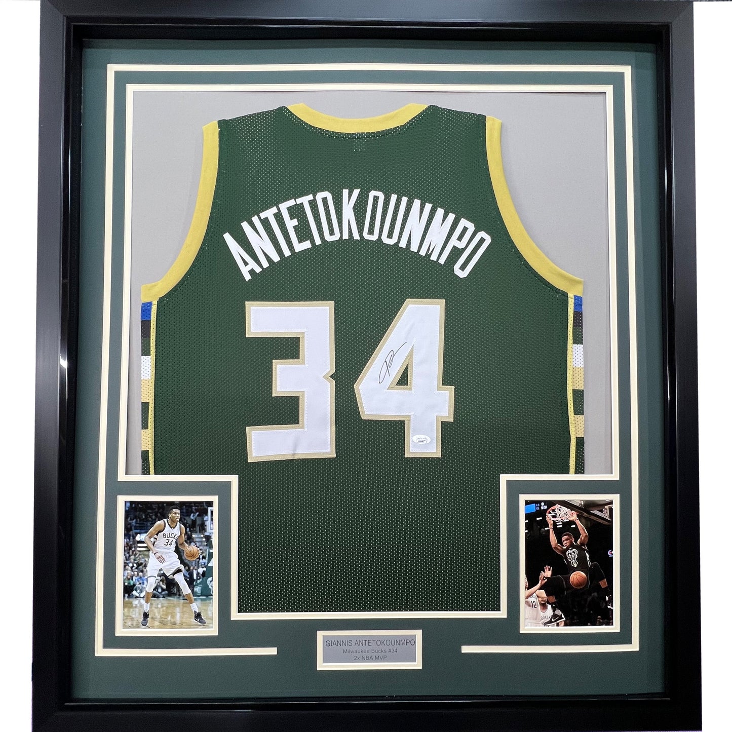 Framed Autographed/Signed Giannis Antetokounmpo 35x39 Milwaukee Green Custom Basketball Jersey JSA COA