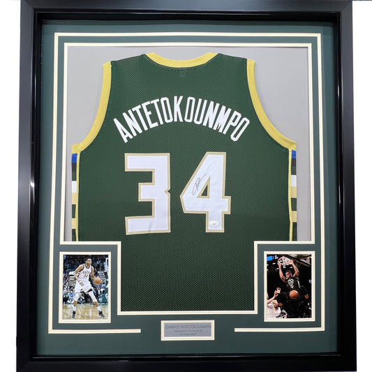 Framed Autographed/Signed Giannis Antetokounmpo 35x39 Milwaukee Green Custom Basketball Jersey JSA COA