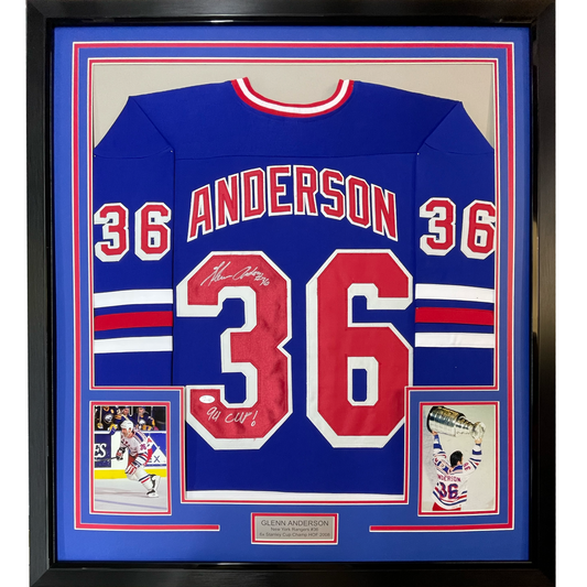Framed Autographed/Signed Glenn Anderson 94 SC Champs 35x39 New York Blue Hockey Jersey JSA COA - Golden Apple Comics