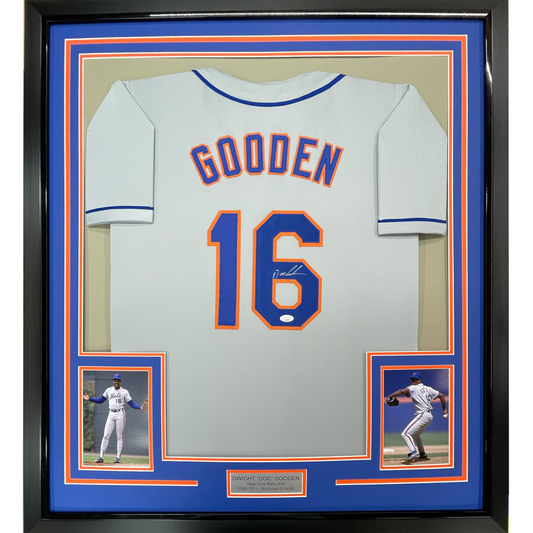 Framed Autographed/Signed Dwight Doc Gooden 35x39 New York Grey Baseball Jersey JSA COA