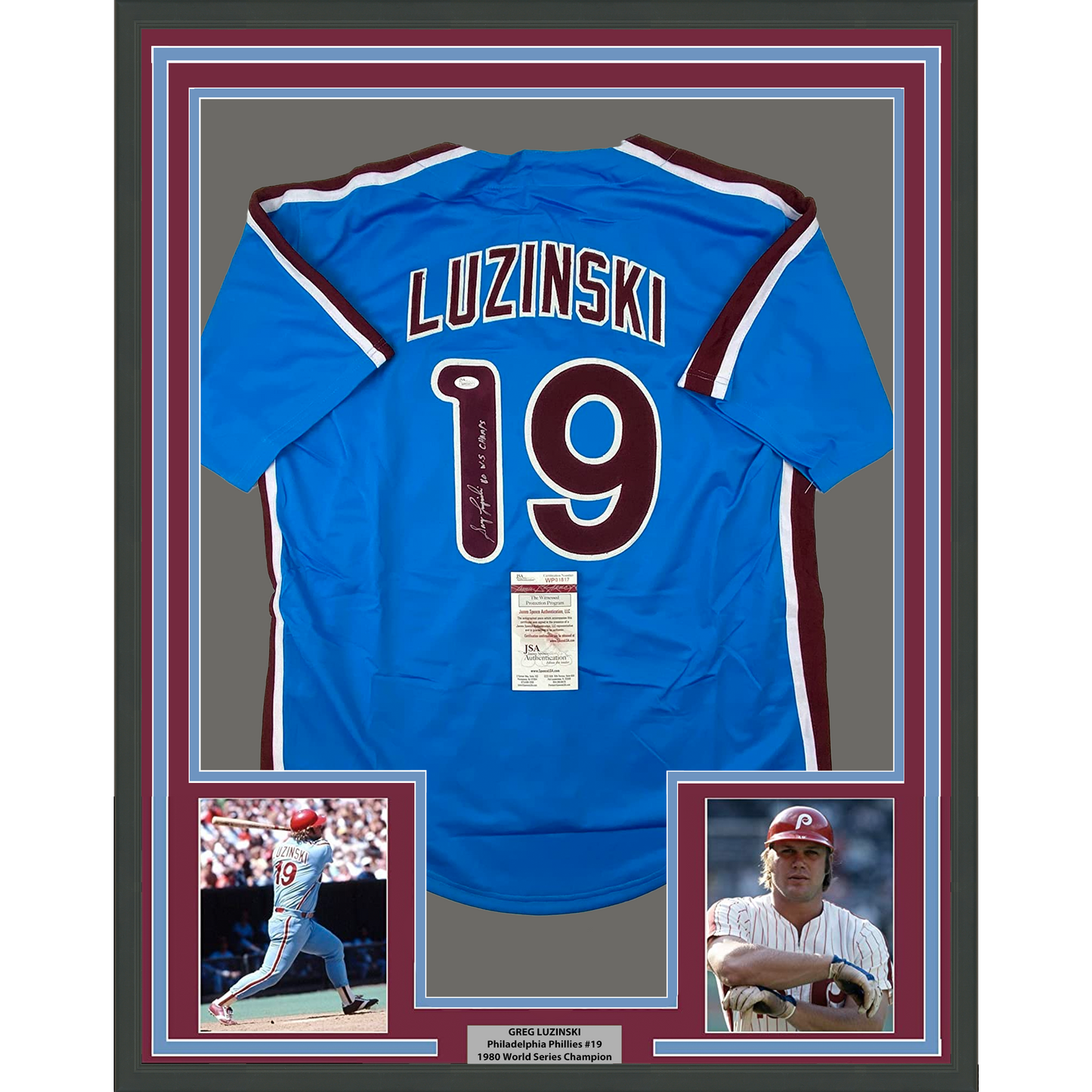 Framed Autographed/Signed Greg Luzinski 35x39 80 WS Champs Philadelphia Retro Blue Baseball Jersey JSA COA - Golden Apple Comics