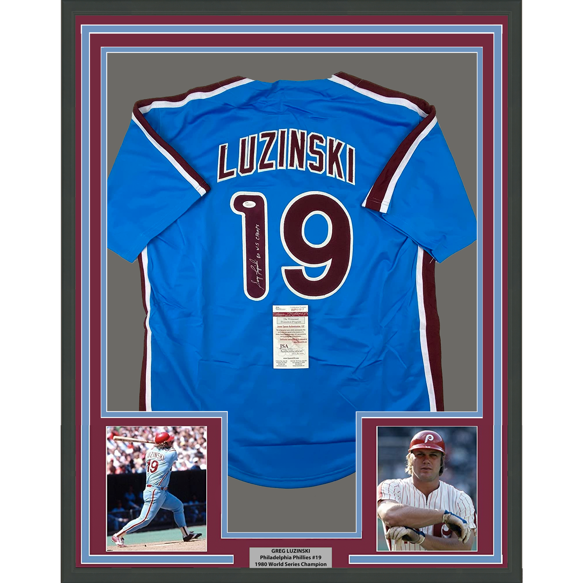 Framed Autographed/Signed Greg Luzinski 35x39 80 WS Champs Philadelphia Retro Blue Baseball Jersey JSA COA - Golden Apple Comics