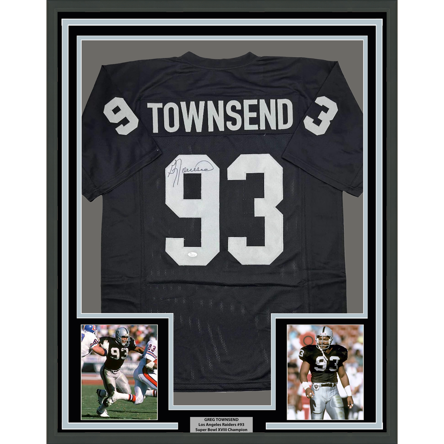 Framed Autographed/Signed Greg Townsend 35x39 Oakland Black Football Jersey JSA COA