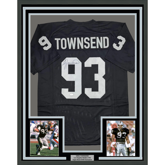 Framed Autographed/Signed Greg Townsend 35x39 Oakland Black Football Jersey JSA COA