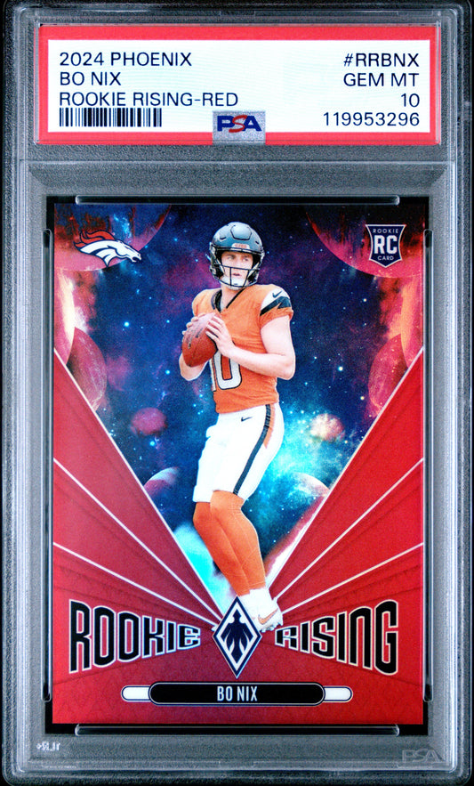 Graded 2024 Panini Phoenix Bo Nix #RRBNX Rookie Rising Red /99 Rookie RC Football Card PSA 10 Gem Mint