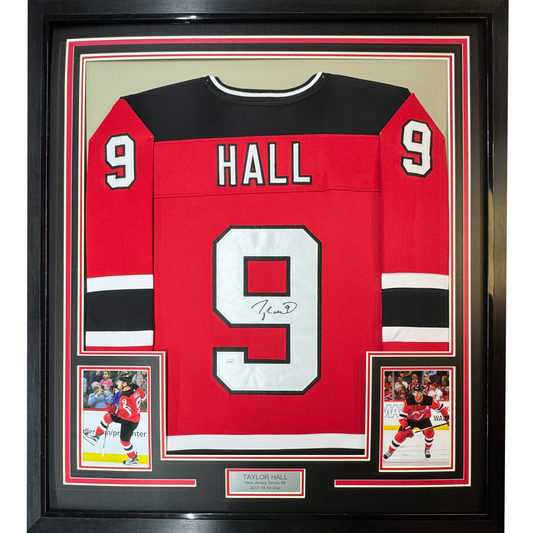 Framed Autographed/Signed Taylor Hall 35x39 New Jersey Red Hockey Jersey JSA COA