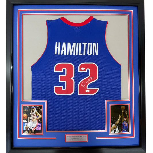 Framed Autographed/Signed Richard Rip Hamilton 35x39 Detroit Blue Basketball Jersey JSA COA
