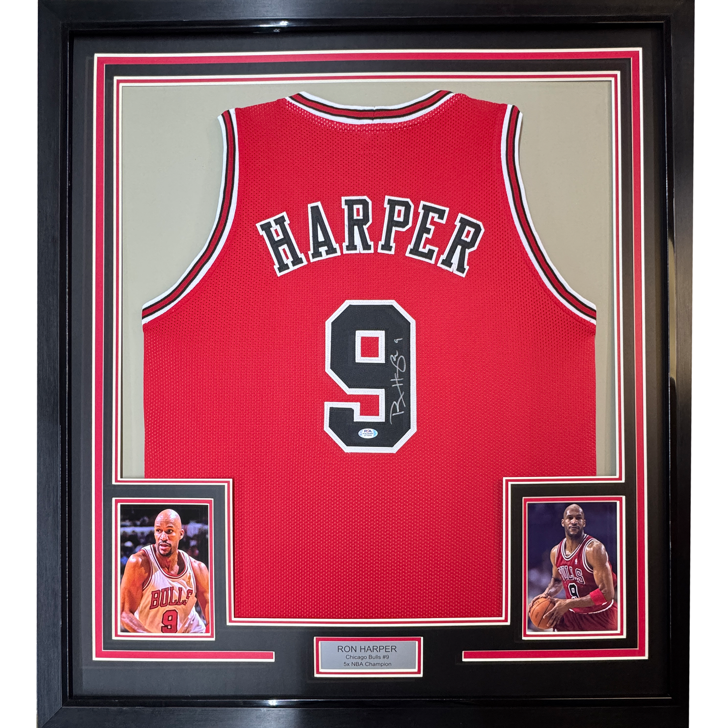 Framed Autographed/Signed Ron Harper 35x39 Chicago Red Basketball Jersey PSA/DNA COA