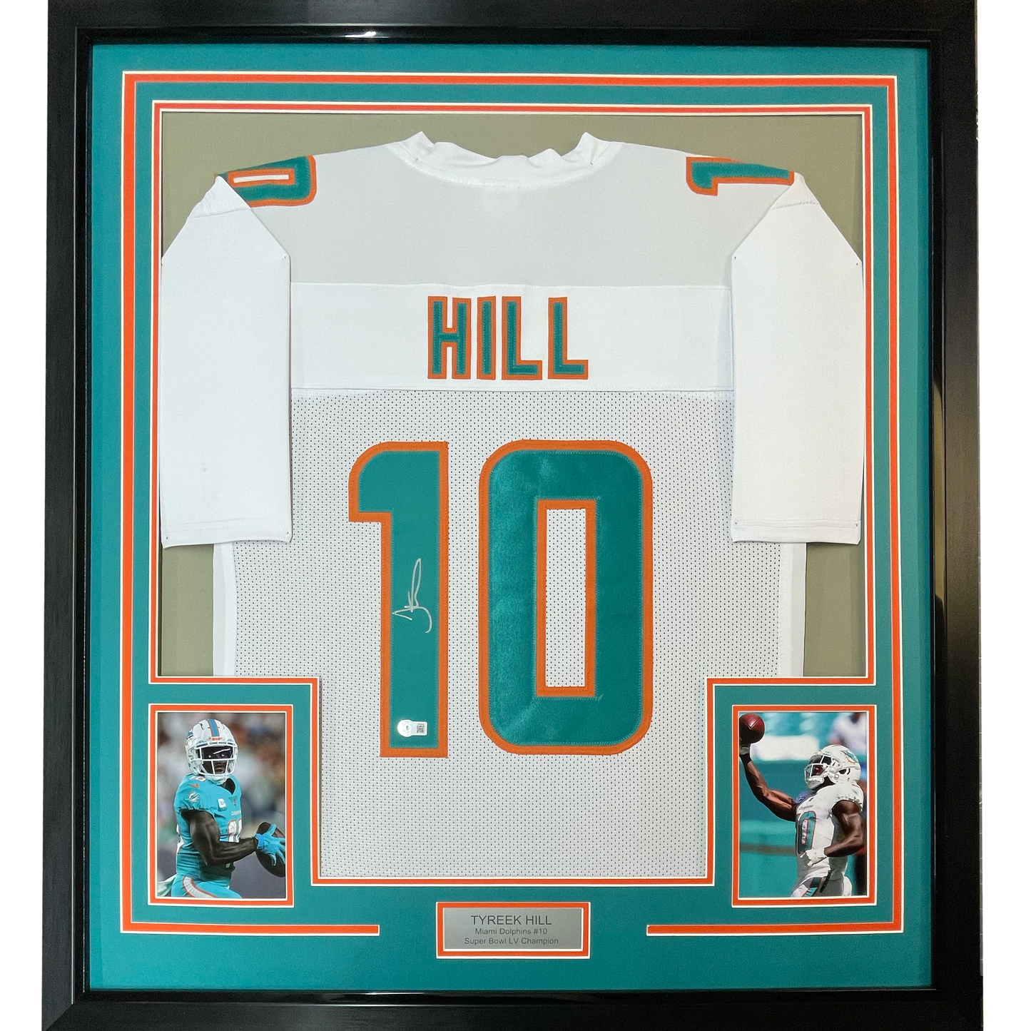 Framed Autographed/Signed Tyreek Hill 35x39 Miami White Football Jersey Beckett BAS COA