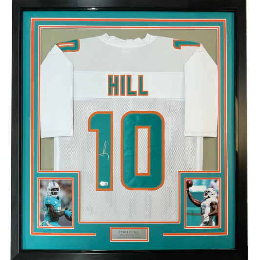 Framed Autographed/Signed Tyreek Hill 35x39 Miami White Football Jersey Beckett BAS COA