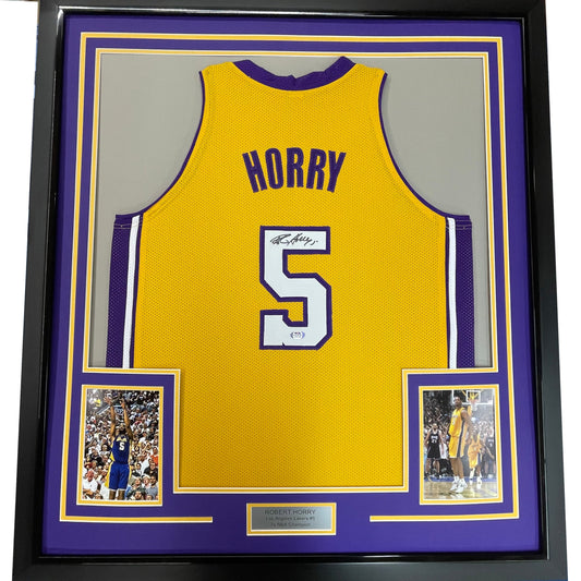Framed Autographed/Signed Robert Horry 35x39 Los Angeles LA Yellow Basketball Jersey PSA/DNA COA