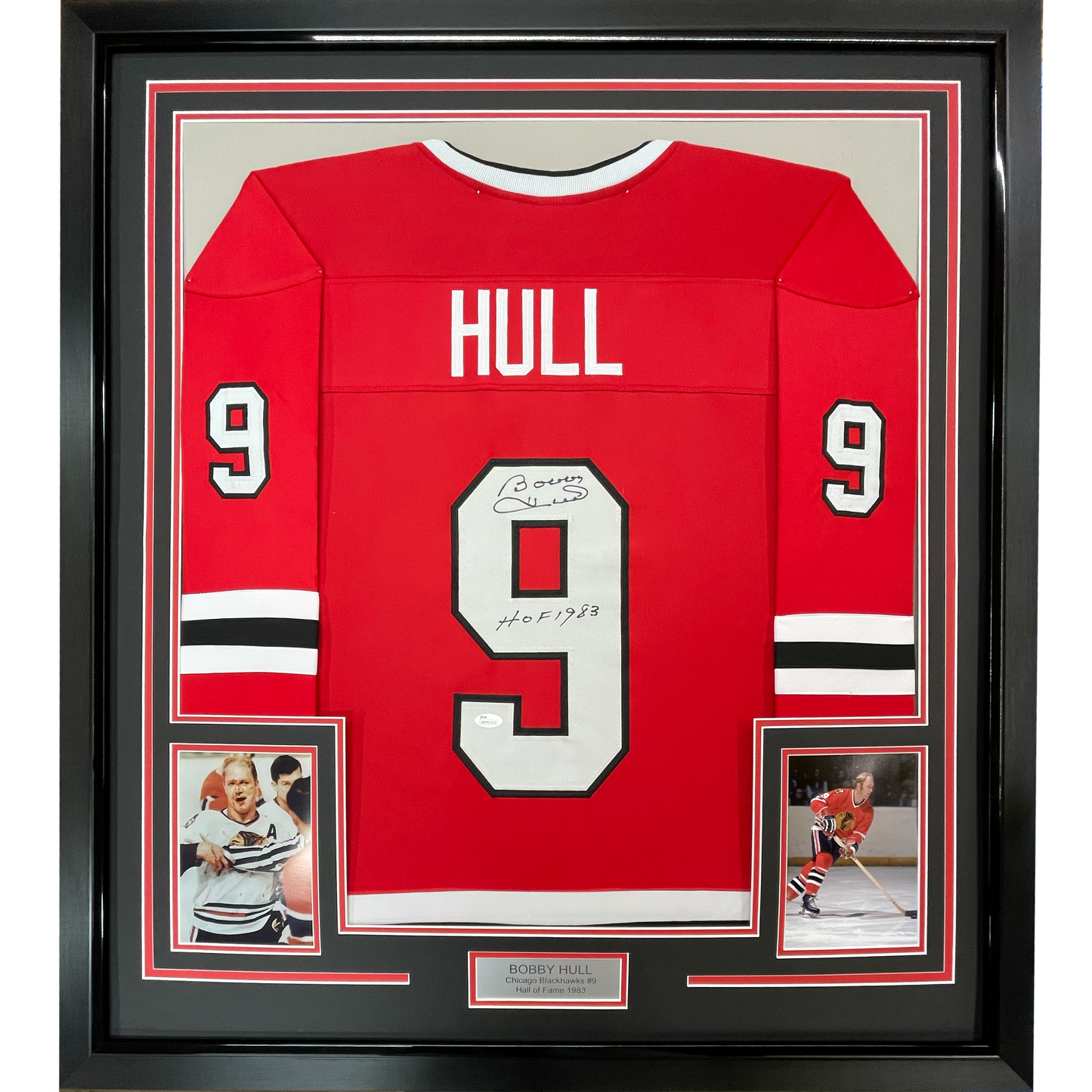 Framed Autographed/Signed Bobby Hull HOF 1983 35x39 Chicago Red Hockey Jersey JSA COA