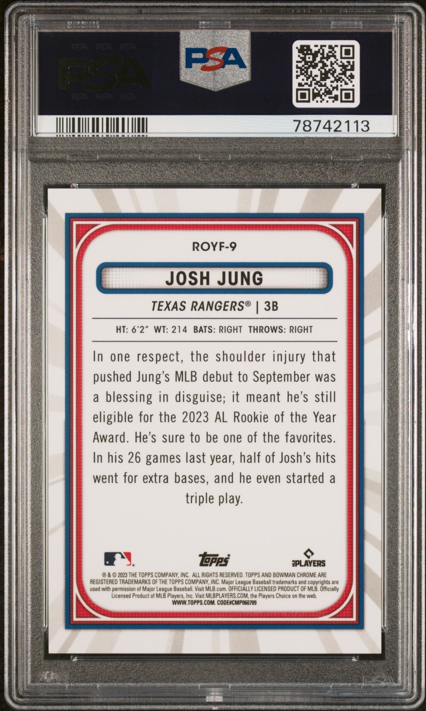 Graded 2023 Topps Bowman Josh Jung #ROYF9 ROY Favorites Aqua Ref Rookie RC Baseball Card PSA 10 Gem Mint - Golden Apple Comics