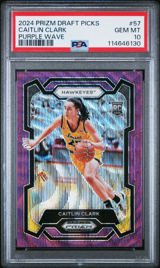 Graded 2024 Panini Prizm Draft Picks Caitlin Clark #57 Purple Wave Rookie RC Basketball Card PSA 10 Gem Mint