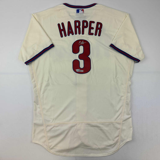 Autographed/Signed Bryce Harper Philadelphia Phillies Cream Authentic Baseball Jersey Fanatics & MLB COA