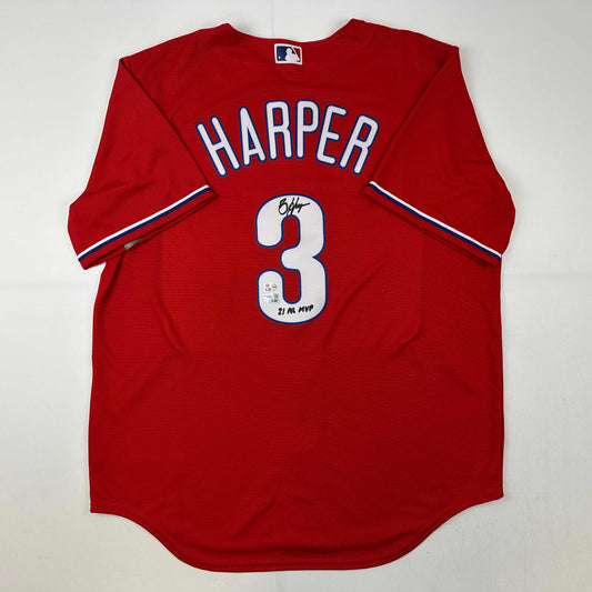 Autographed/Signed Bryce Harper 21 NL MVP Philadelphia Phillies Red Replica Baseball Jersey Fanatics & MLB COA